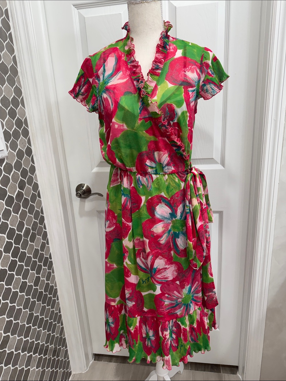 Lilly Pulitzer Hot Pink & Kelly Green Floral Wrap Midi Dress